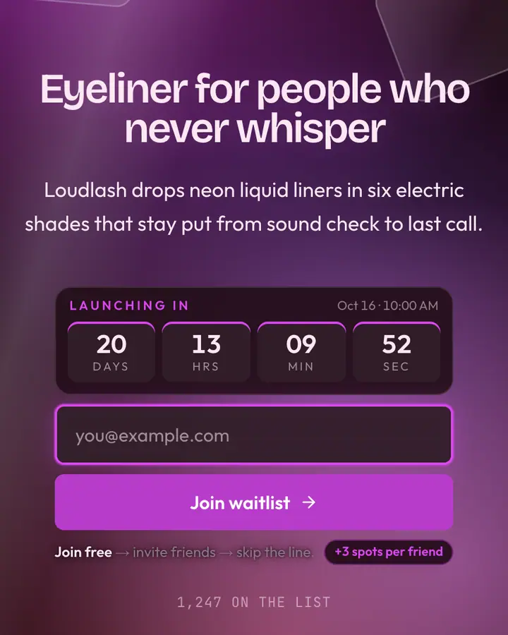 Fuchsia Glass — Glassmorphism waitlist page template, near-black pink background