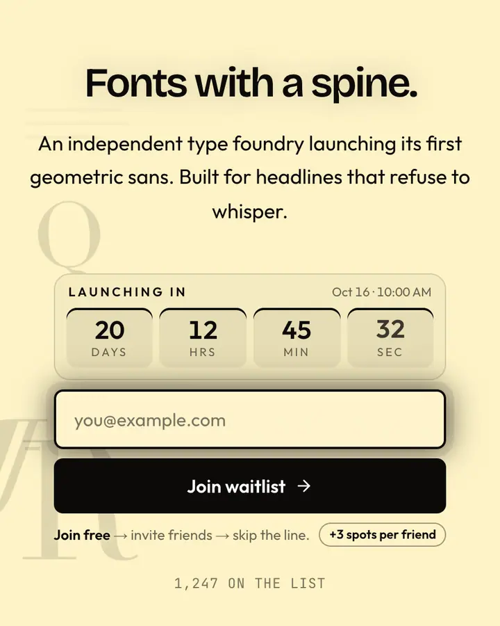 Futura Bold — Editorial & Abstract waitlist page template, cream background