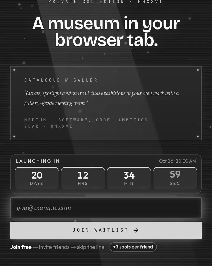 Gallery Vault — Editorial & Abstract waitlist page template, charcoal background