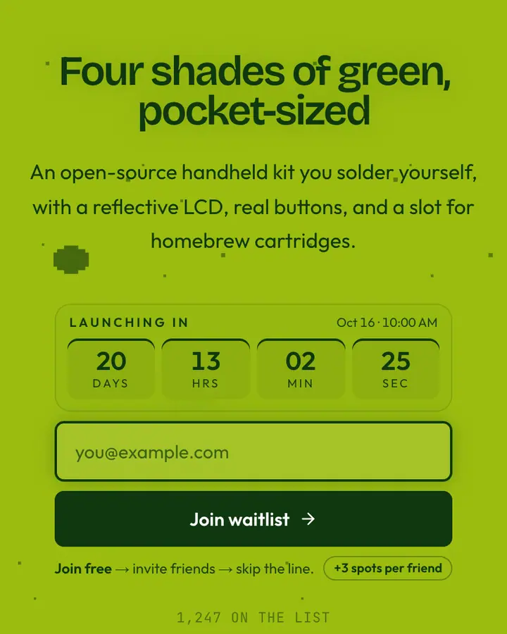 Handheld Green — Retro & Pixel Art waitlist page template, chartreuse background