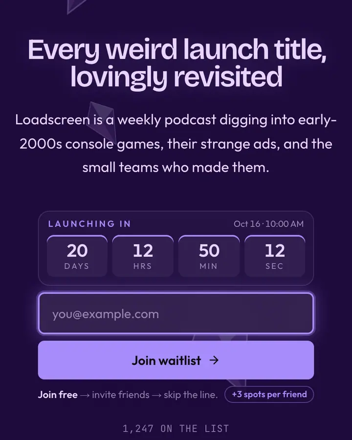 Cube Console Violet — Y2K waitlist page template, deep violet background