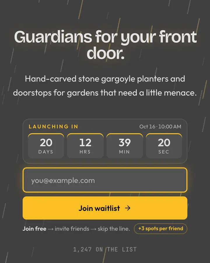 Gargoyle — Dark Academia waitlist page template, dark gray background