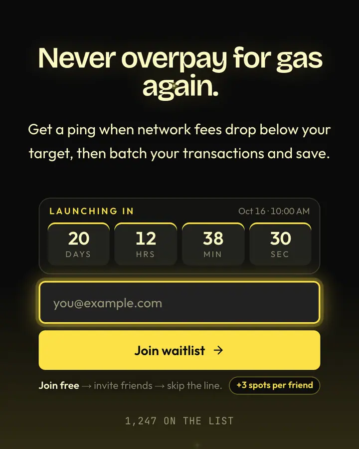 Gas Yellow — Crypto & Web3 waitlist page template, near-black background