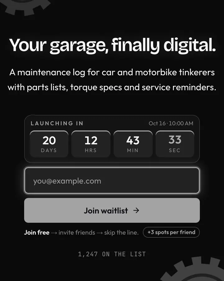 Gear Grease — Industrial & Brutalist waitlist page template, near-black background
