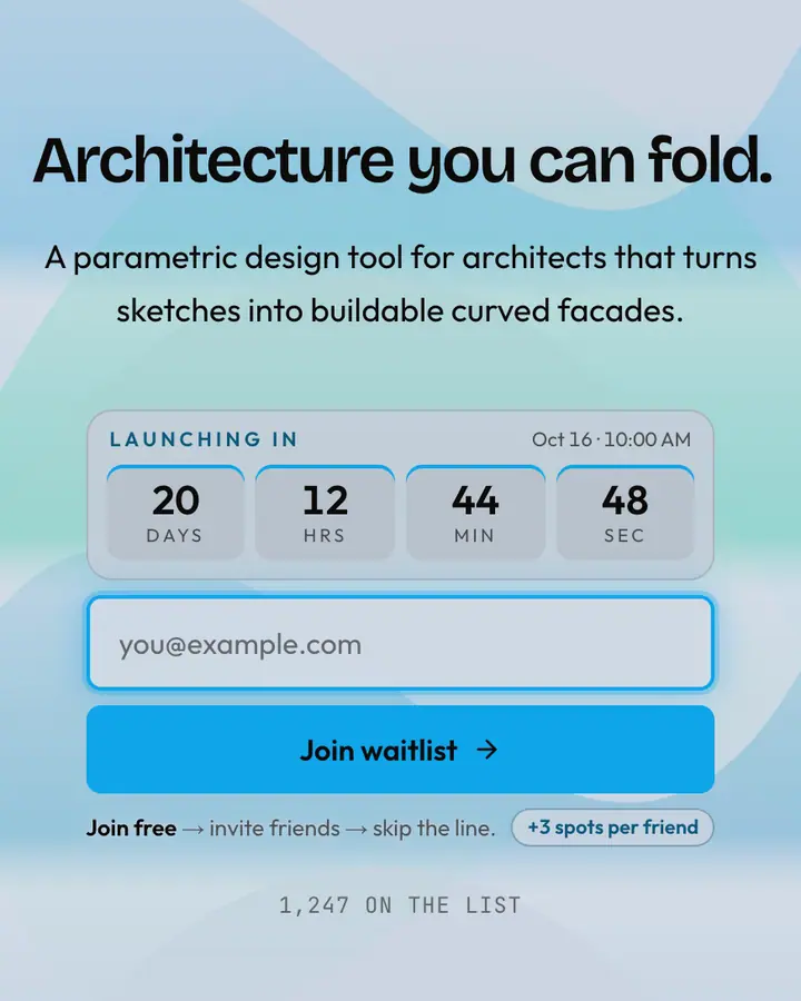 Titanium Curve — Editorial & Abstract waitlist page template, pale sky blue background
