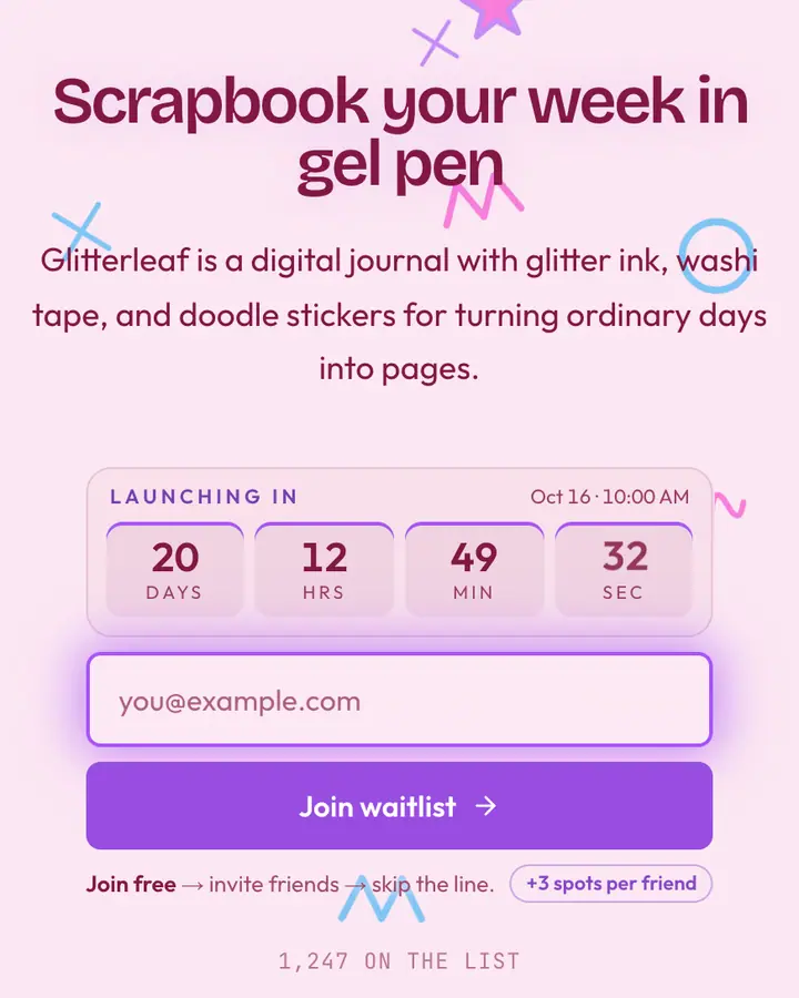 Gel Pen Doodle — Y2K waitlist page template, pale pink background