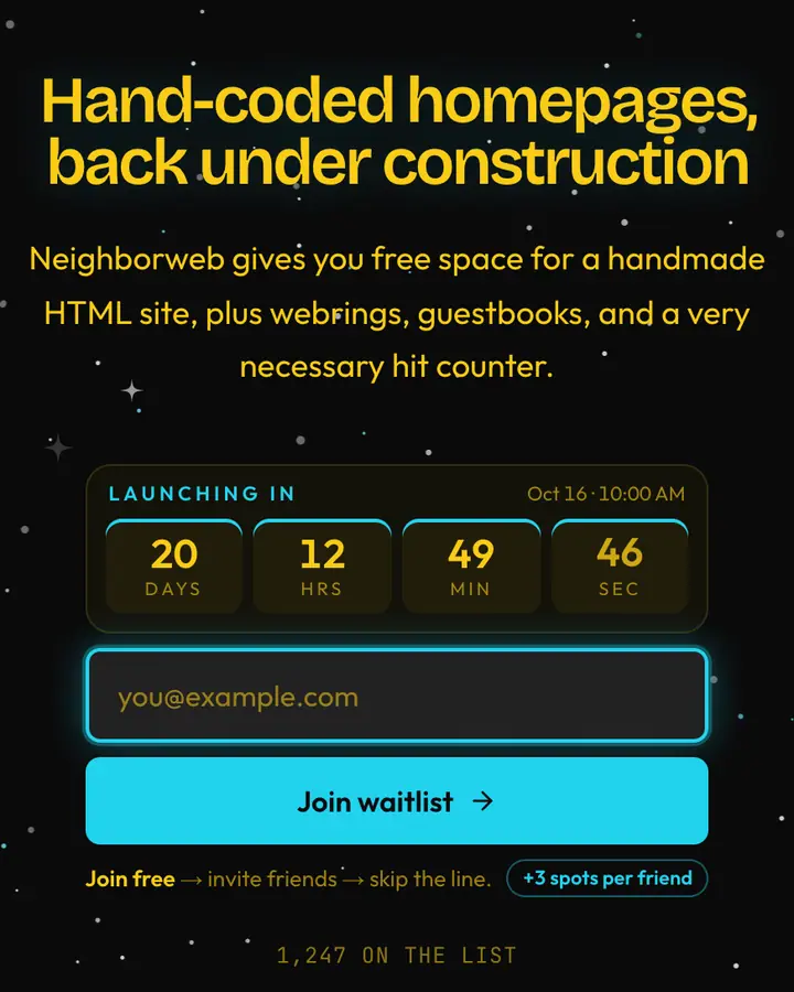 Homepage Neon — Y2K waitlist page template, near-black background