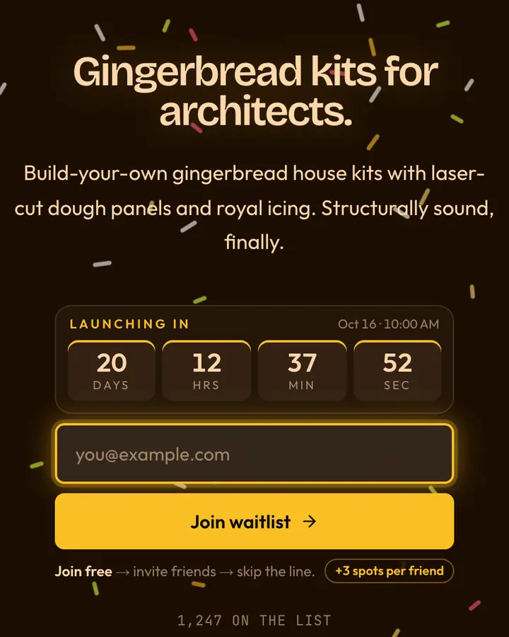 Gingerbread — Holiday & Seasonal waitlist page template, near-black vermilion background