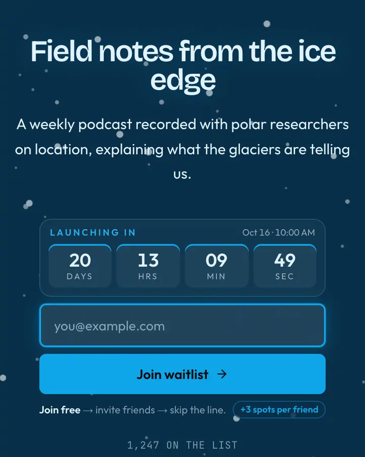 Glacier Pane — Glassmorphism waitlist page template, deep sky blue background