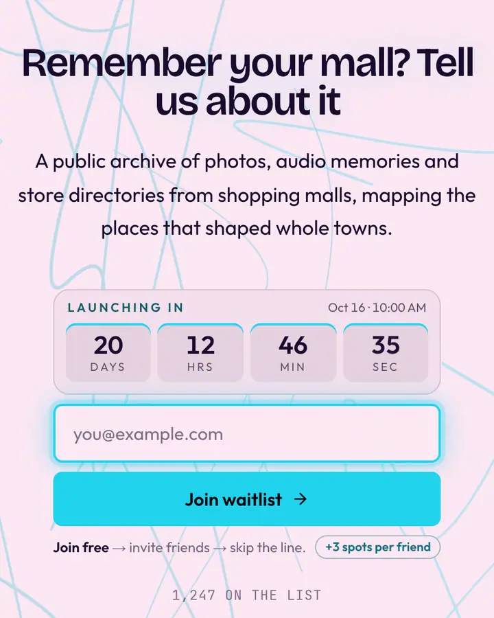 Glass Atrium — Vaporwave waitlist page template, pale pink background