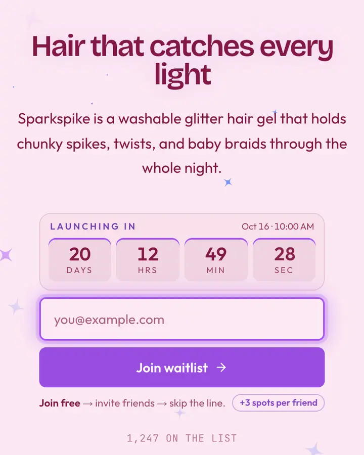 Glitter Gel — Y2K waitlist page template, pale pink background