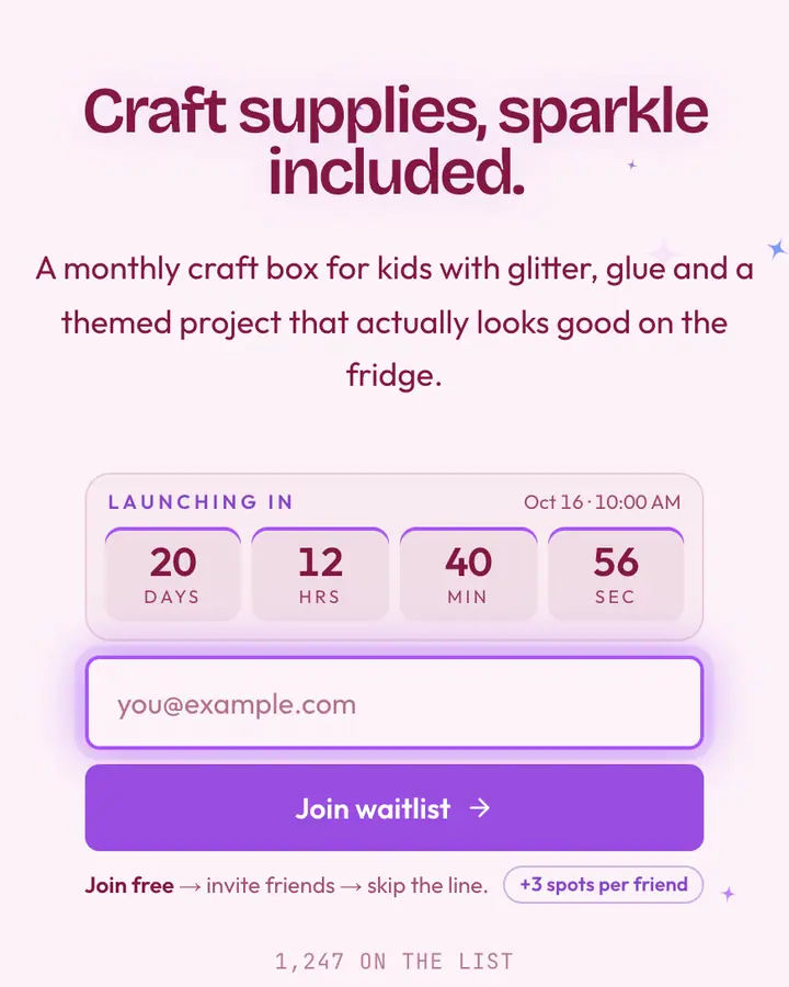 Glitter Glue — Playful & Pastel waitlist page template, pink-tinted white background