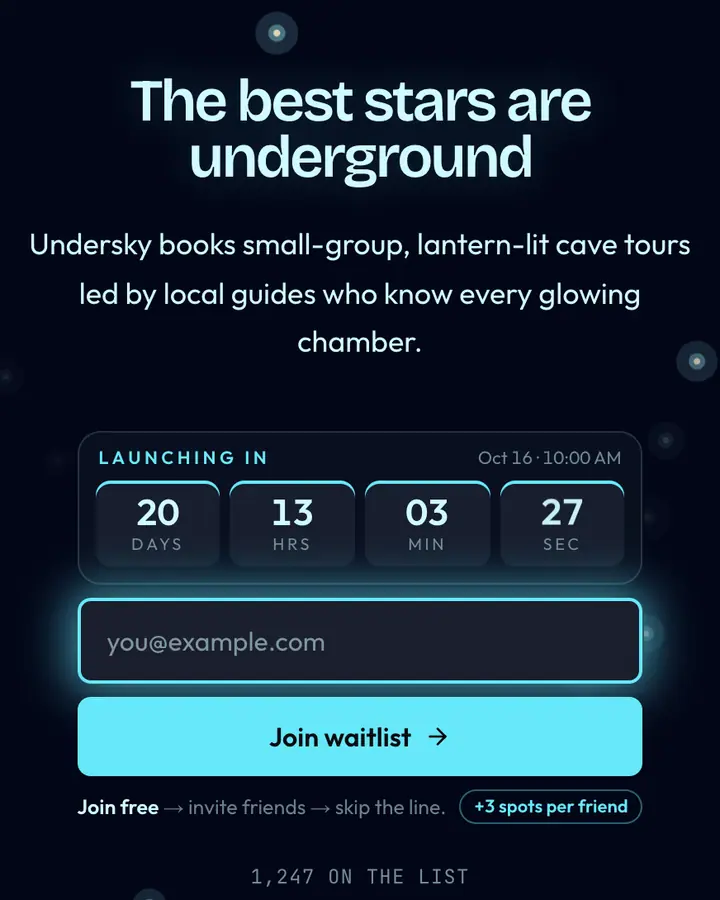 Glowworm Cave — Nature & Organic waitlist page template, near-black blue background