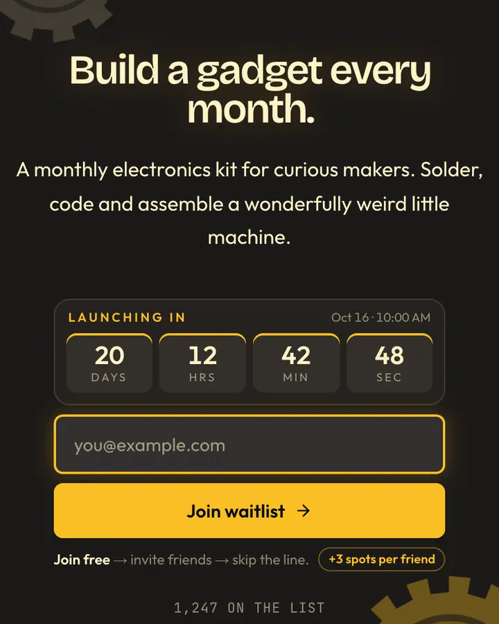 Gnomish Workshop — Fantasy waitlist page template, charcoal background