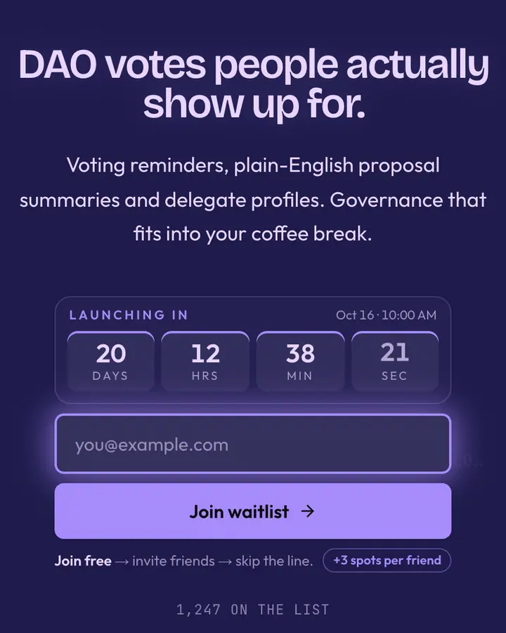 Governance Purple — Crypto & Web3 waitlist page template, dark indigo background