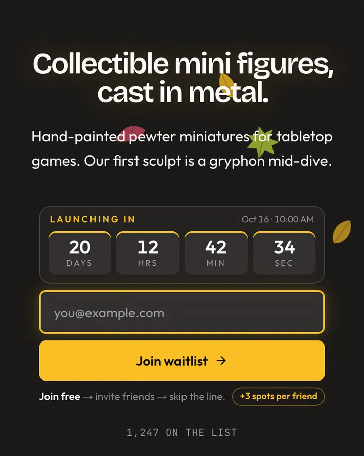 Gryphon Feather — Fantasy waitlist page template, charcoal background