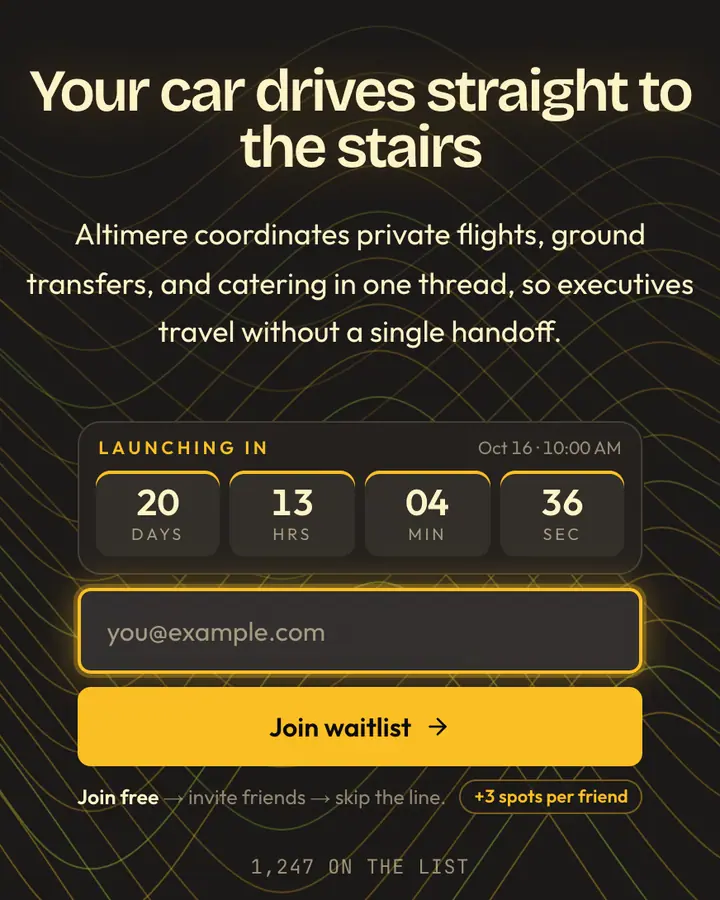 Long-Range Jet — Luxury waitlist page template, charcoal background