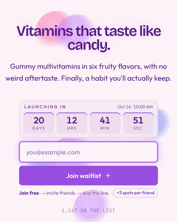 Gummy Bear — Playful & Pastel waitlist page template, pink-tinted white background