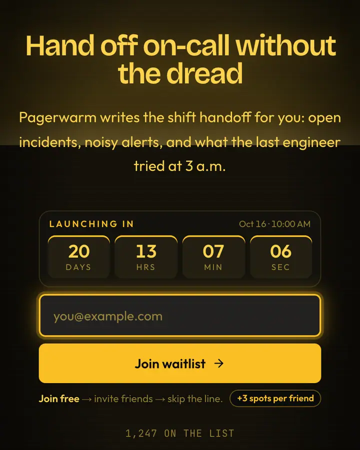 Hacker Amber — Terminal & Developer waitlist page template, near-black background