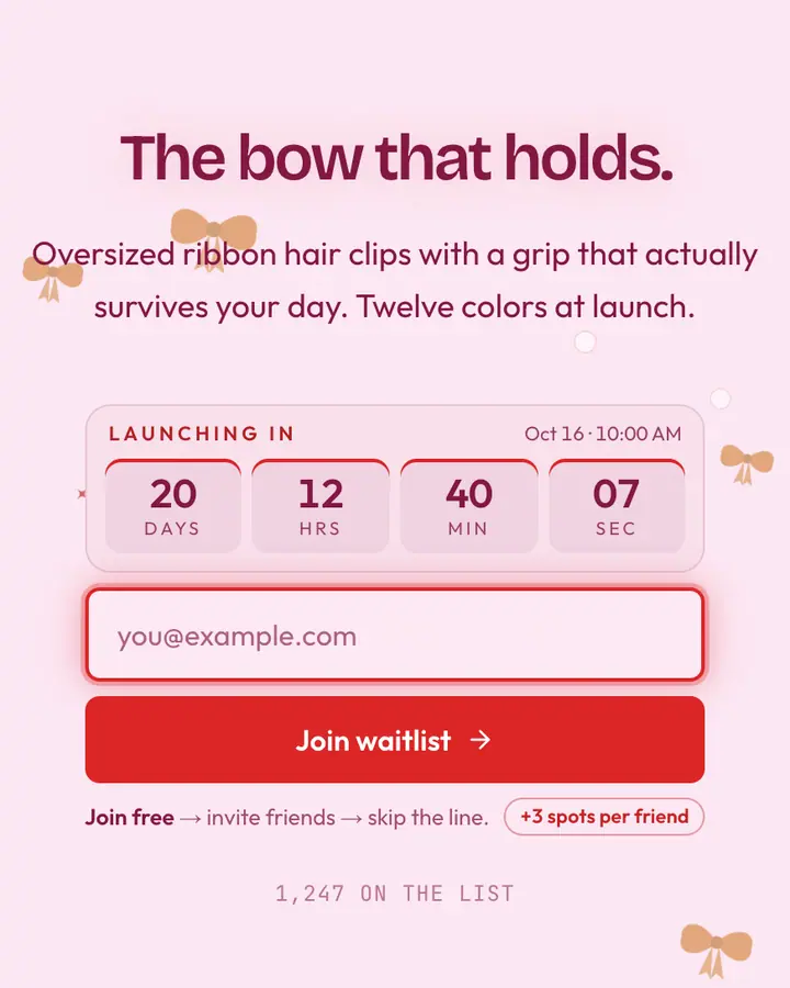 Hair Bow — Coquette waitlist page template, pale pink background