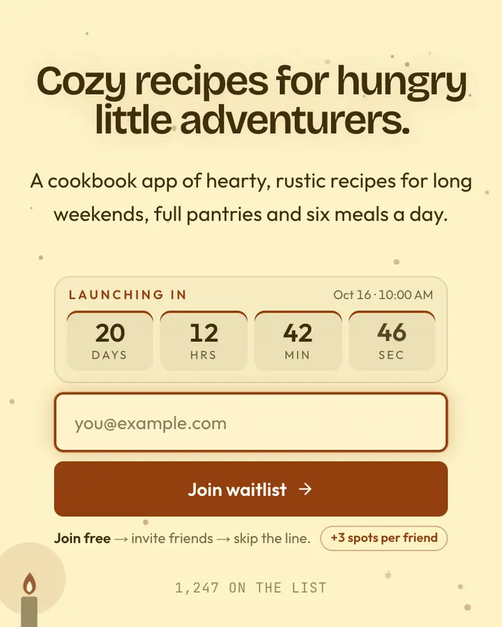 Halfling Hearth — Fantasy waitlist page template, cream background