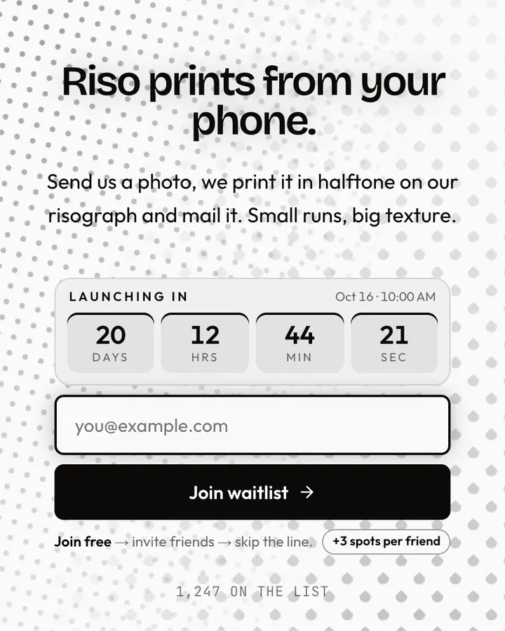Halftone — Black & White waitlist page template, white background