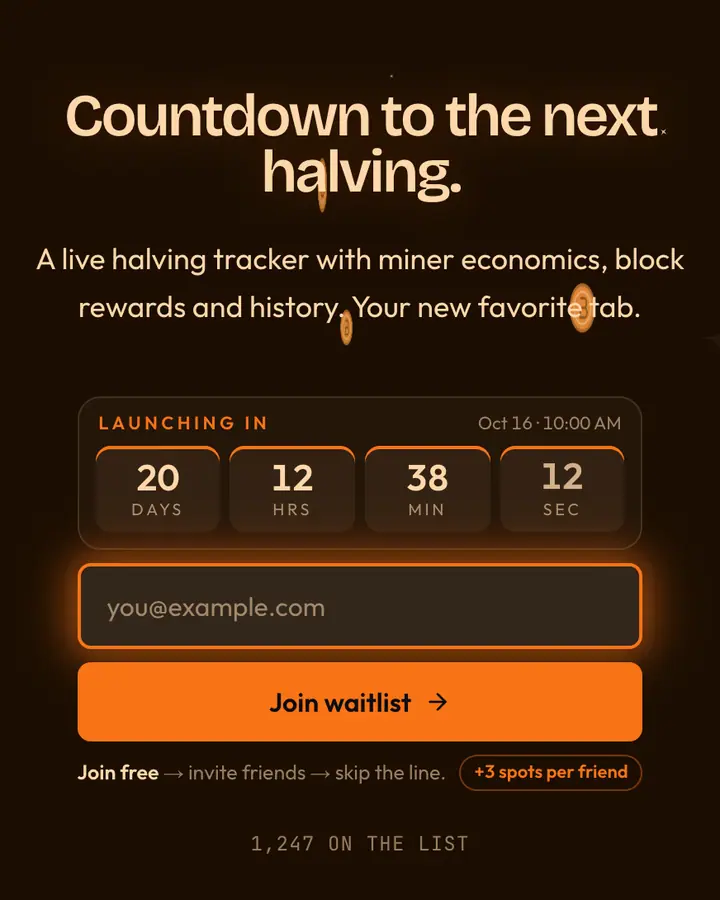Halving Orange — Crypto & Web3 waitlist page template, near-black vermilion background