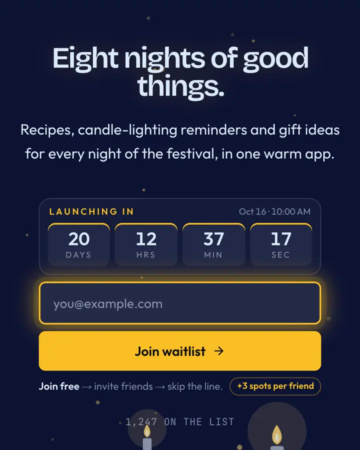 Hanukkah Blue — Holiday & Seasonal waitlist page template, deep blue background