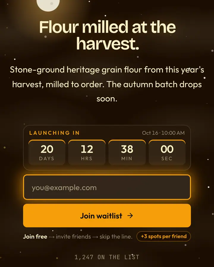 Harvest Moon — Holiday & Seasonal waitlist page template, near-black vermilion background