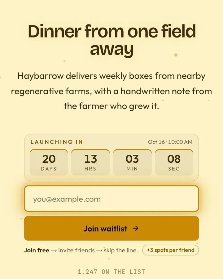 Hayfield — Nature & Organic waitlist page template, cream background