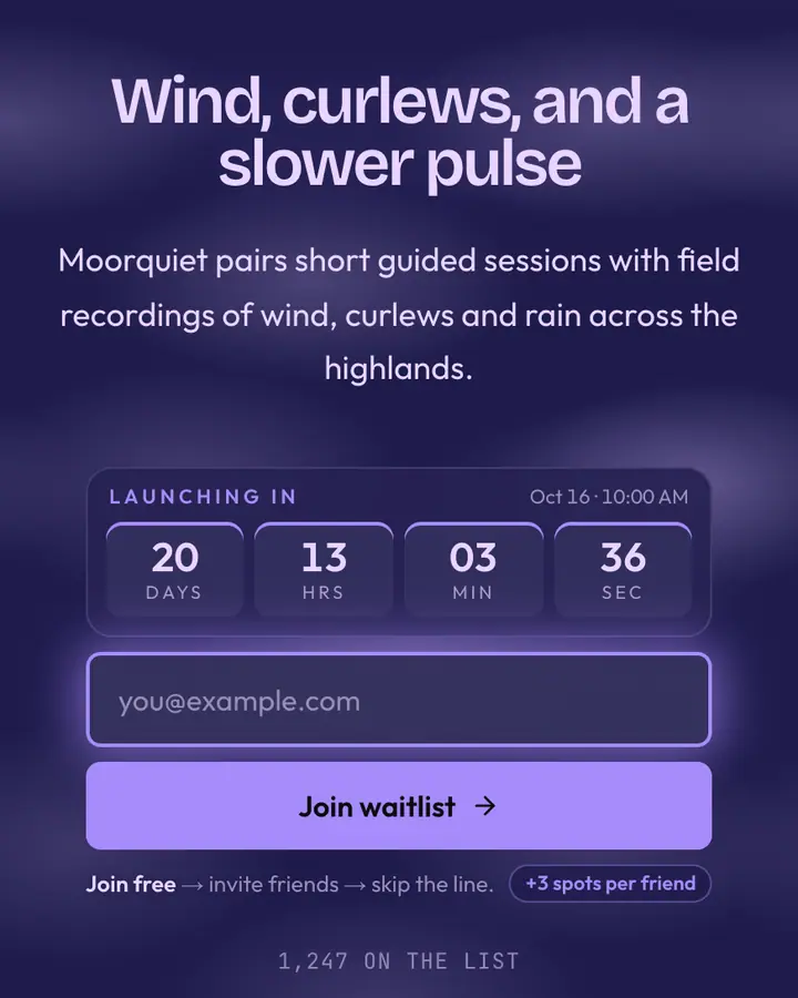 Heather Moor — Nature & Organic waitlist page template, dark indigo background