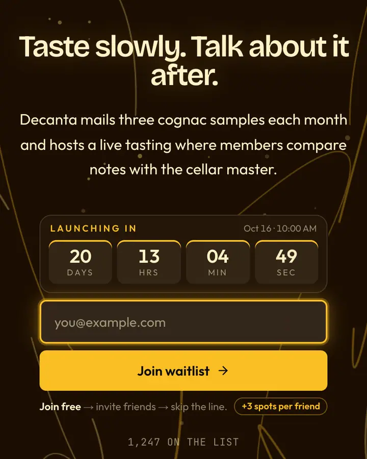 Cognac Paradise — Luxury waitlist page template, near-black vermilion background