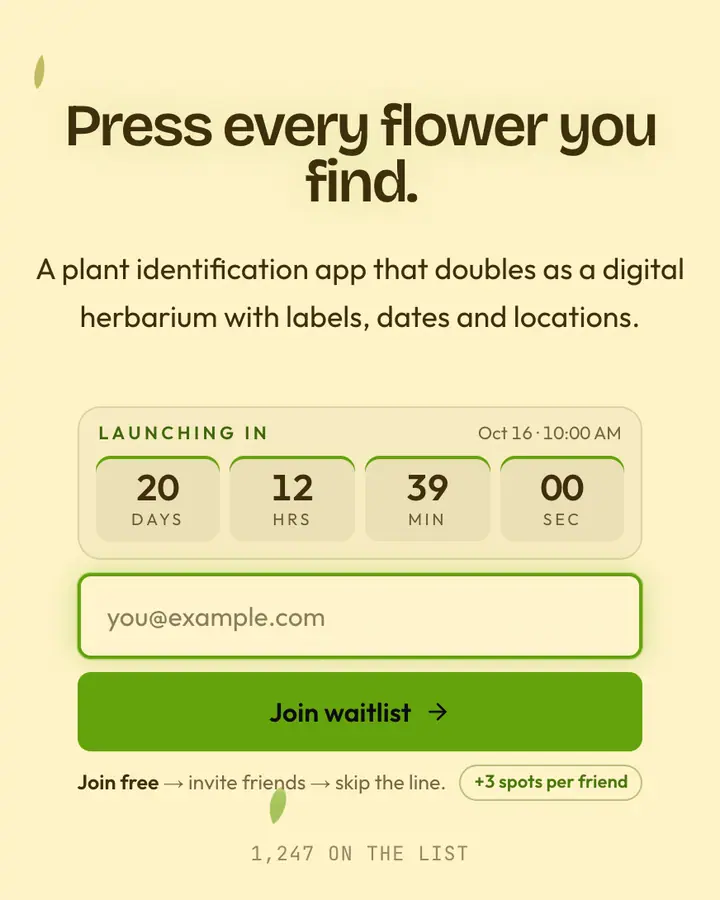 Herbarium — Dark Academia waitlist page template, cream background