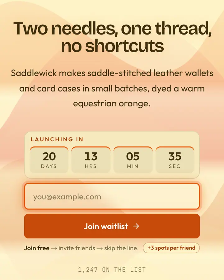Saddle Orange — Luxury waitlist page template, cream background