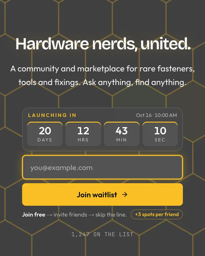 Hex Bolt — Industrial & Brutalist waitlist page template, dark gray background