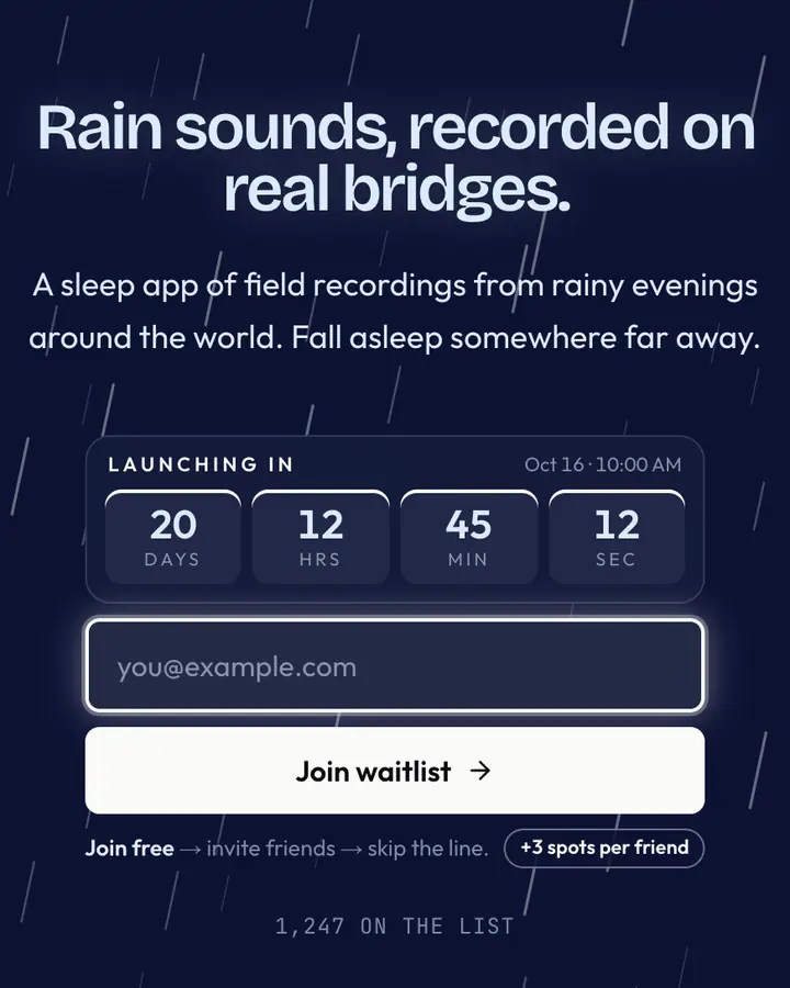 Hiroshige Rain — Editorial & Abstract waitlist page template, deep blue background
