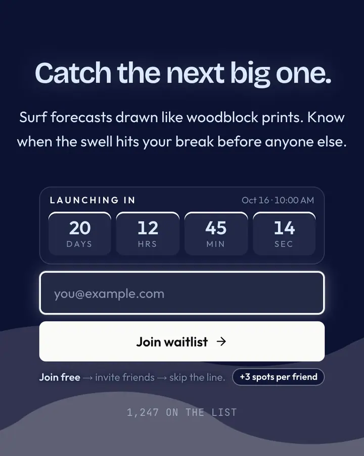 Great Wave — Editorial & Abstract waitlist page template, deep blue background
