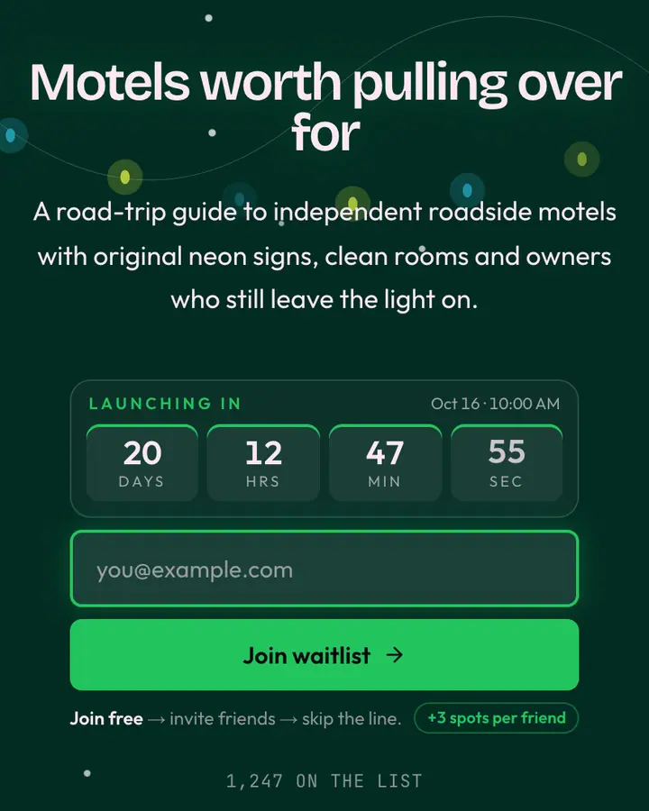 Motel Lobby — Vaporwave waitlist page template, deep teal background