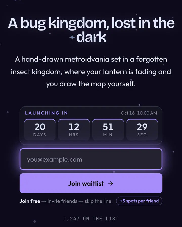 Bug Knight — Retro & Pixel Art waitlist page template, deep indigo background