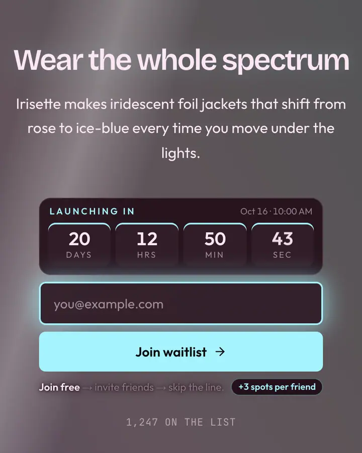 Holographic — Y2K waitlist page template, near-black pink background