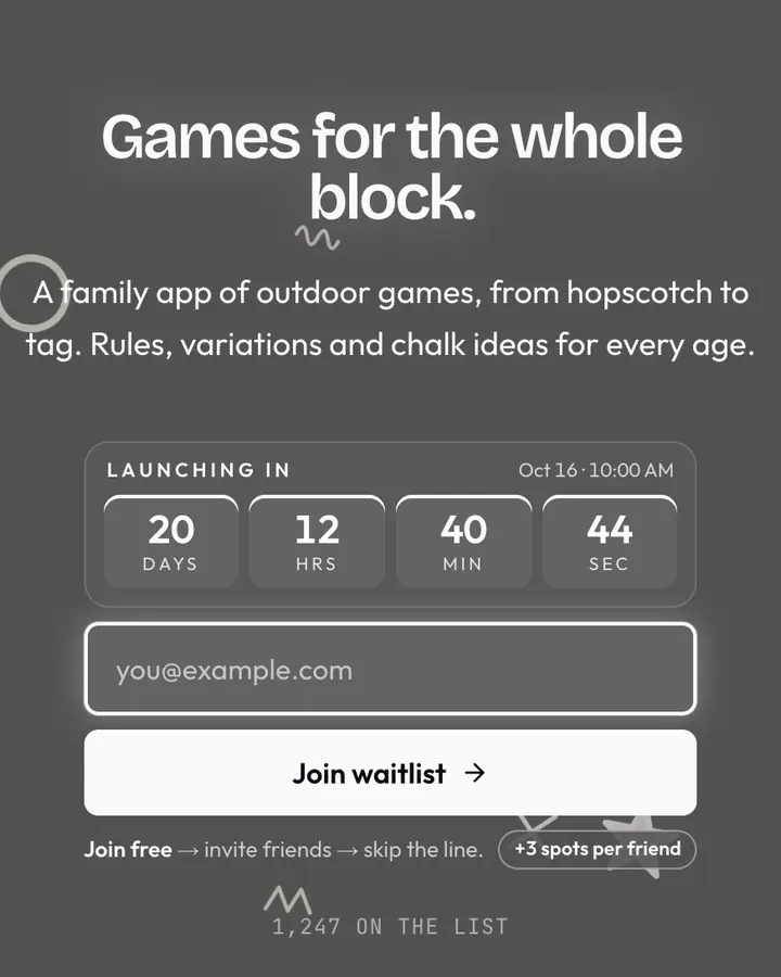 Hopscotch — Playful & Pastel waitlist page template, dark gray background