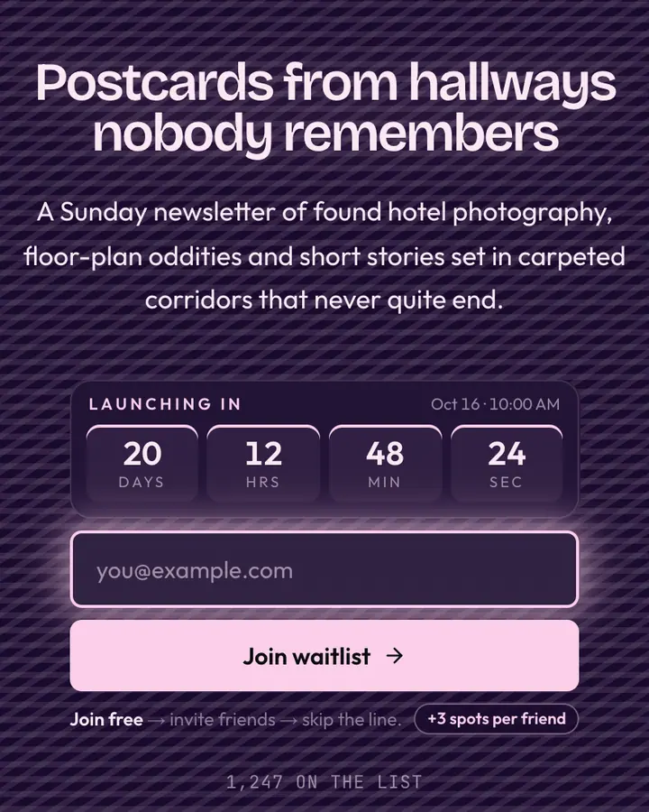 Hotel Corridor — Vaporwave waitlist page template, deep violet background