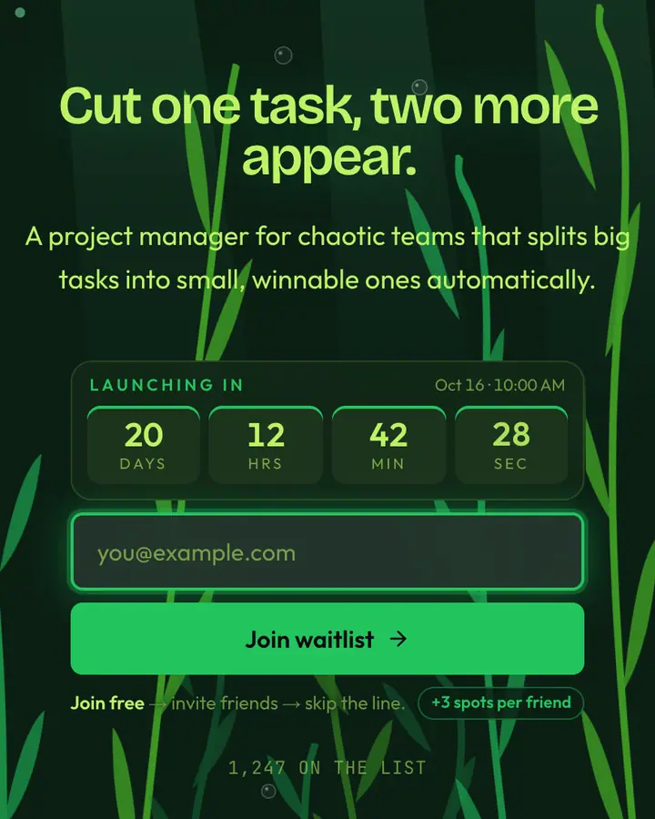 Hydra Swamp — Fantasy waitlist page template, deep emerald background