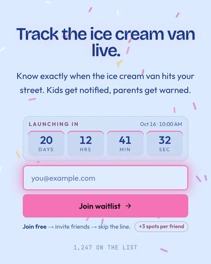 Ice Cream Van — Playful & Pastel waitlist page template, pale sky blue background