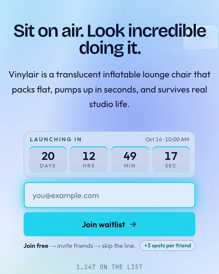 Inflatable Chair — Y2K waitlist page template, pale sky blue background