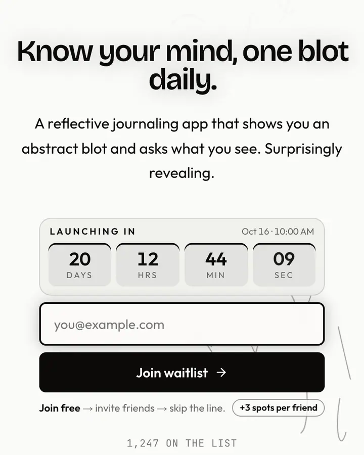 Ink Blot — Black & White waitlist page template, white background