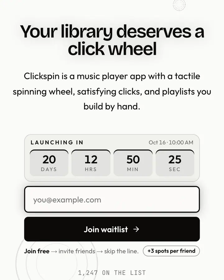 Click Wheel White — Y2K waitlist page template, white background