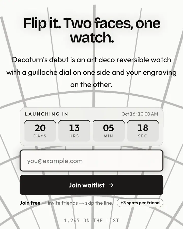 Dress Watch Silver — Luxury waitlist page template, white background