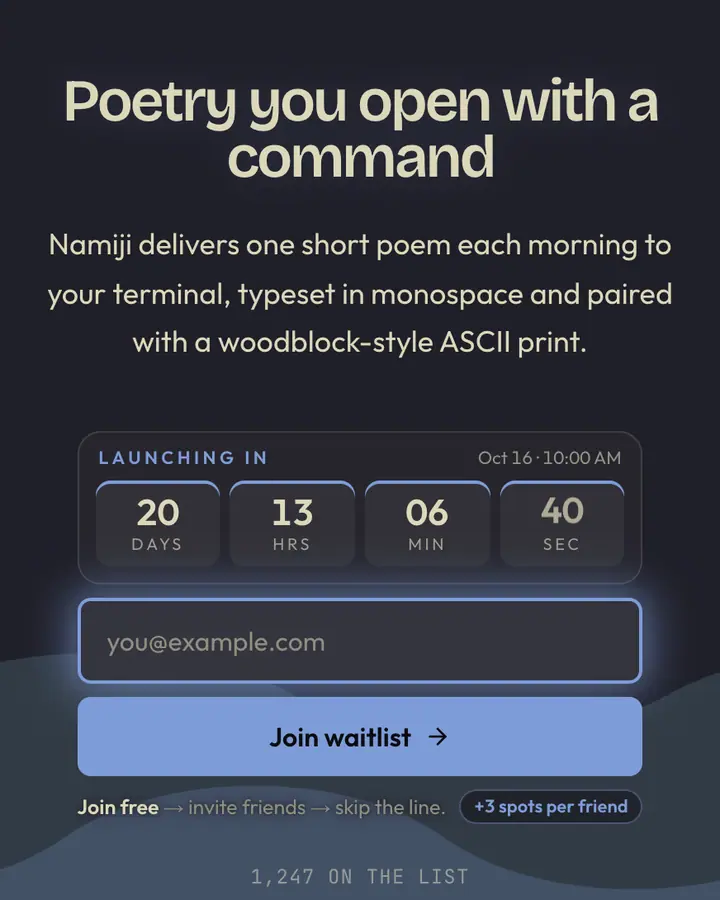 Kanagawa Wave — Terminal & Developer waitlist page template, deep indigo background
