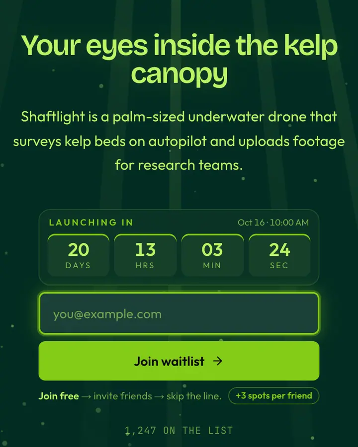 Kelp Canopy — Nature & Organic waitlist page template, deep teal background